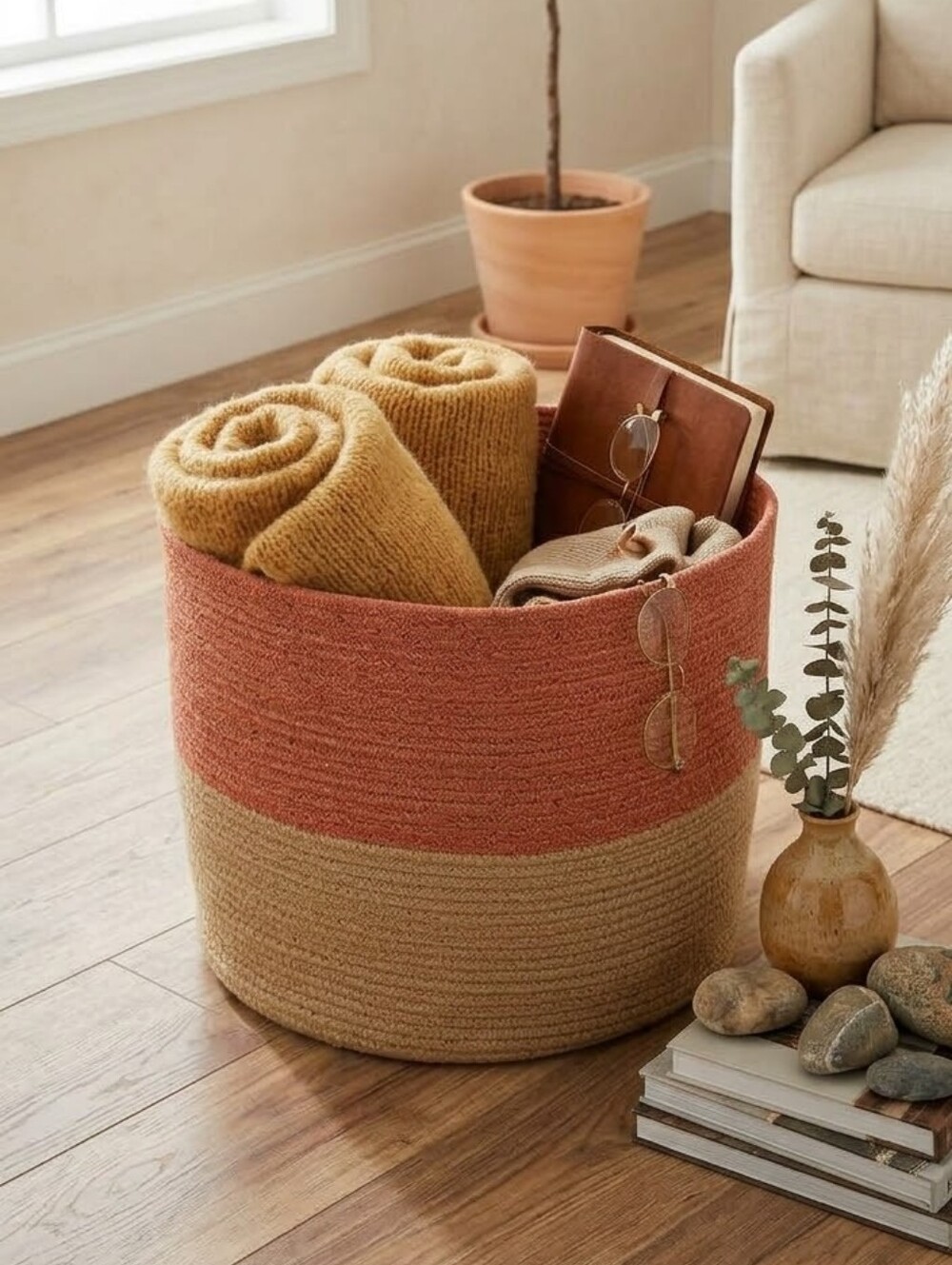 Woven Storage Basket for Blankets and Pillows - Decorative Natural Rope Laundry